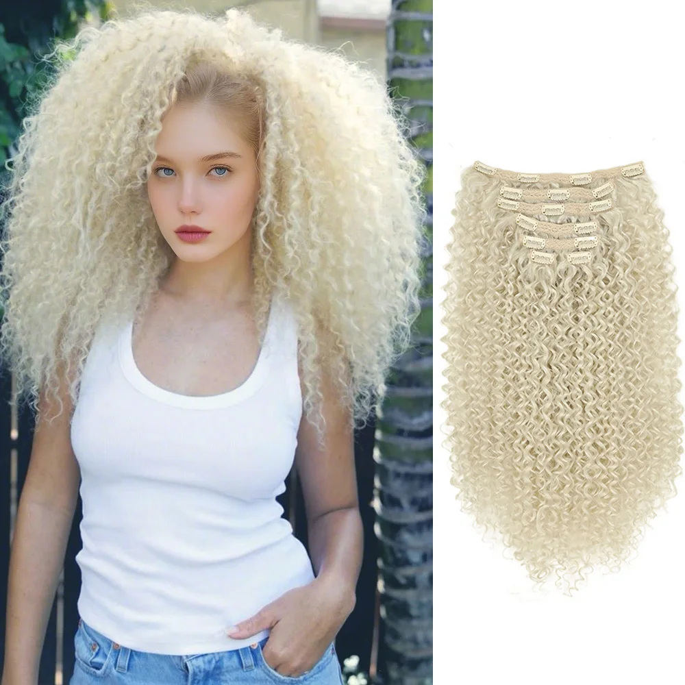 

Synthetic Kinky Curly Hair Extensions Clip Ins for Black Women Brazilian Remy Hair Extensions 7 Pcs with 24 Clips Natural Blonde
