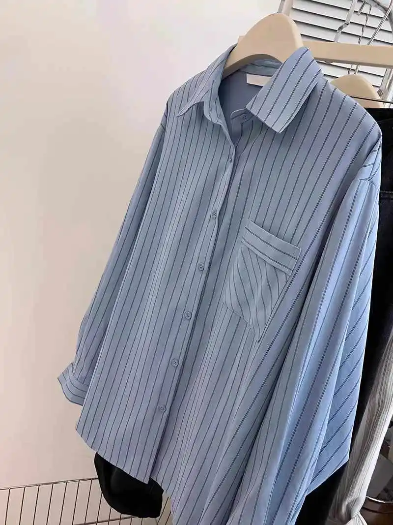 Полосатая женская рубашка во французском стиле, весенний свободный универсальный топ с длинными рукавами, высококачественный повседневный кардиган для поездок на работу