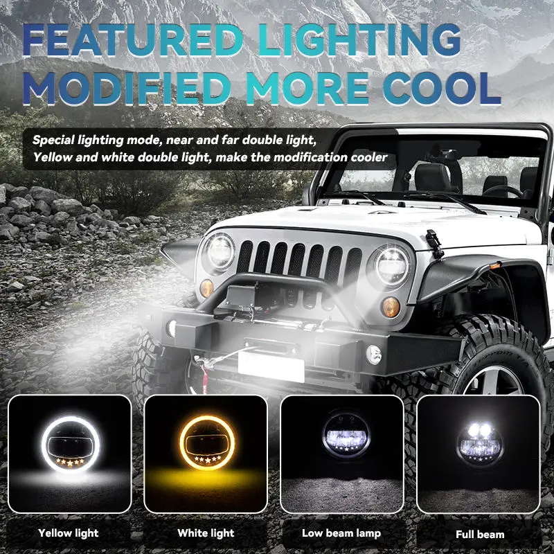 Motorcycle Equipment Part 7 Inch LED Headlight High/Low Beam DRL Amber Turn Signal Off Road LED Headlight for Wrangler Jeep
