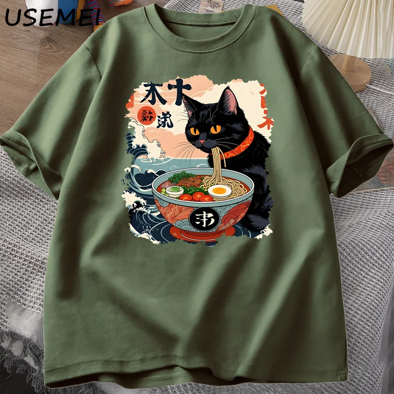 Kawaii Cat Anime Tshirt Ramen Japanese Funny Graphic Tee Kawaii Noodle Cat Tee Shirt Man Short Sleeve T-shirt Harajuku Clothes image 4