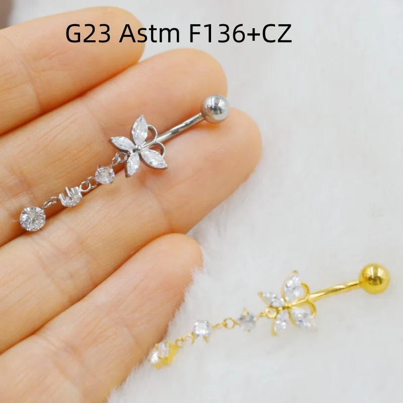 10PCS Body Jewelry-G23 Titanium Astm F136 CZ Butterfly Navel Belly Button Body Piercing 14G Navel Curve Barbells Belly Rings New