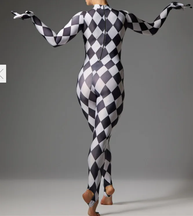 IOOTIANY Diamantgitter-Clown-Zentai-Jumpsuit, Spatenmuster-Gestreifter Zirkus-Bodysuit, Unregelmäßiges Bühnenkostüm für Halloween-Party-Aufführungen – Detail 10