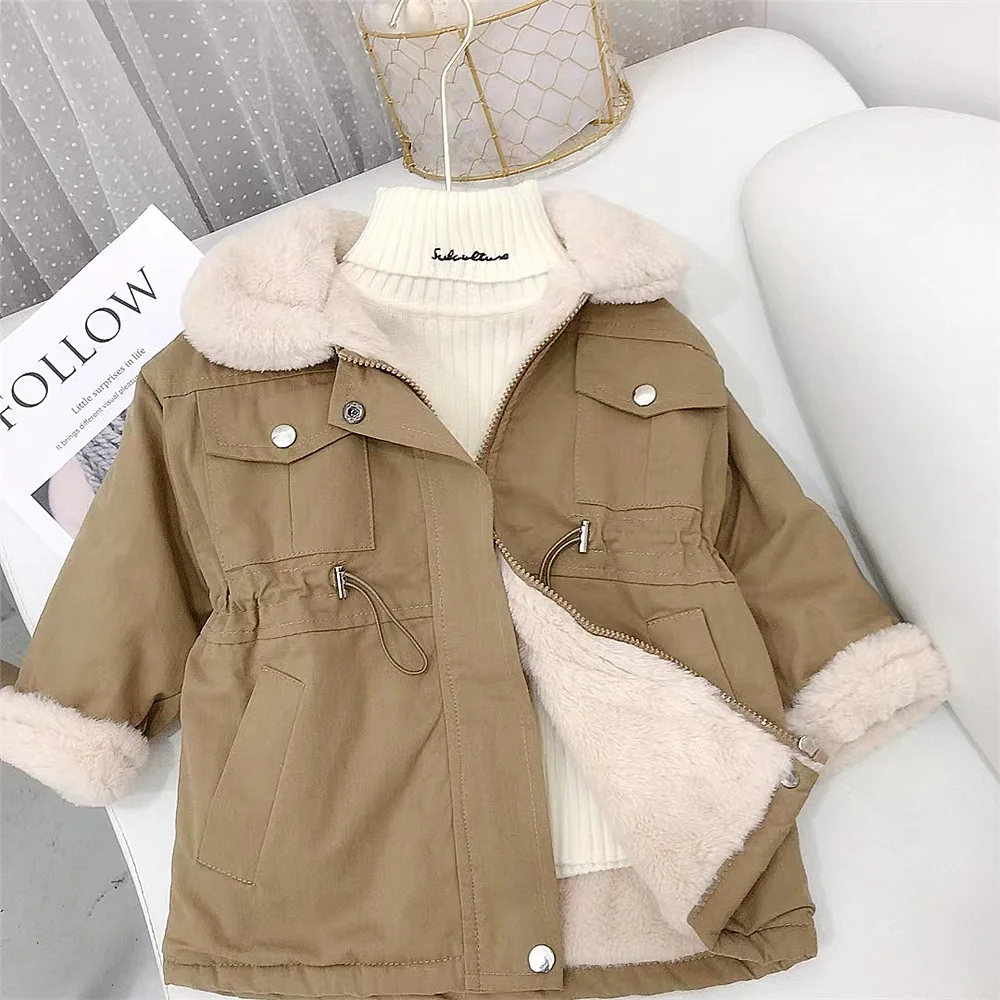 Girls' Mid-length Tight Waist Cotton-padded Coat Children's Fleece-lined Thickened Cotton Clothes Baby Parker Winter