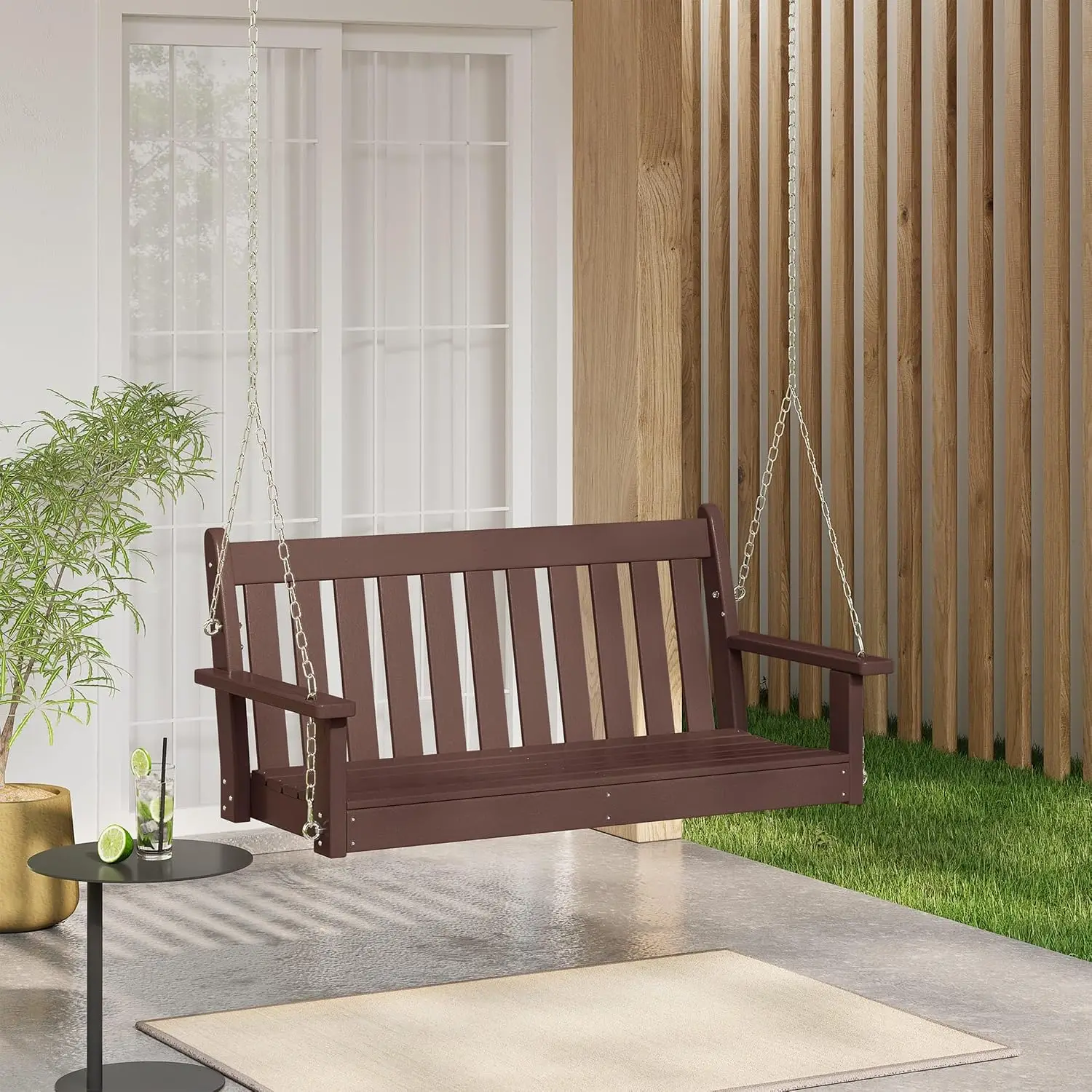 Malibu Outdoor Patio HDPE Hanging Front Porch Swing Bench, Dark Brown, Customized