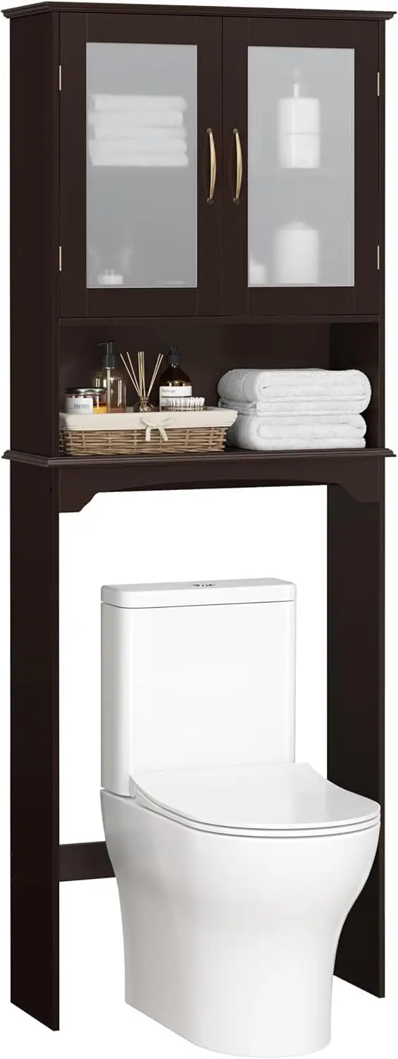 

Over The Toilet Storage Cabinet, Free Standing Toilet Rack with Adjustable Shelves and Tempered Glass Doors for Bathroom Wash