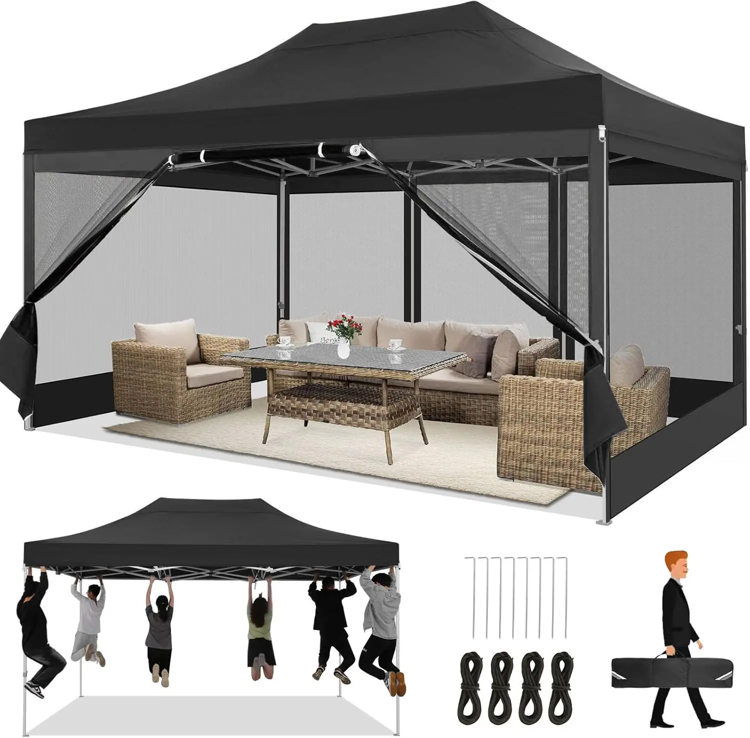 Outdoor Backyard, Patio, Garden Party Pop Up Canopy with 4 Sidewalls and Mosquito Netting Wall, Heavy Duty, Easy Set Up, Black