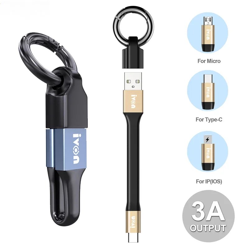 Przenośny kabel USB do transmisji danych z pęku kluczy 2 w 1 3A Mini USB do szybkiego ładowania Micro USB typu C do iPhone Samsung Xiaomi