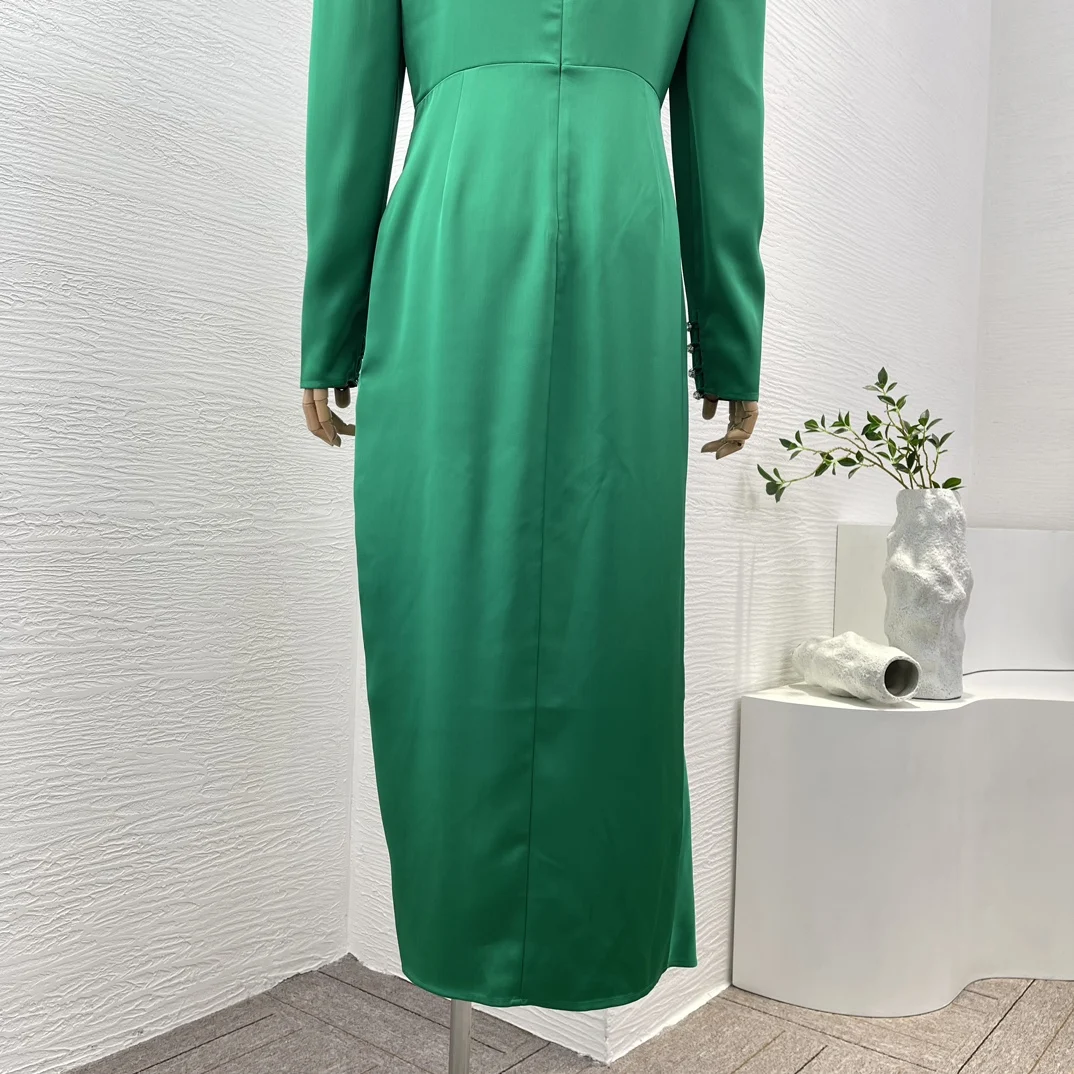 Green Cross Knot Front Long Sleeve Side Slit Satin Midi Dress