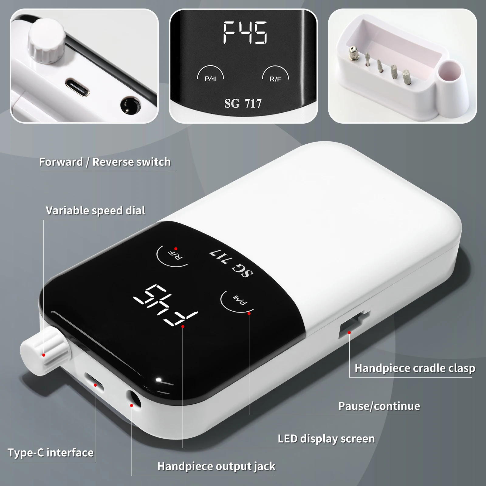 45000RPM 전기 네일 파일 전문 네일 폴리싱 머신 매니큐어 살롱을위한 충전식 저소음 네일 샌더 파일