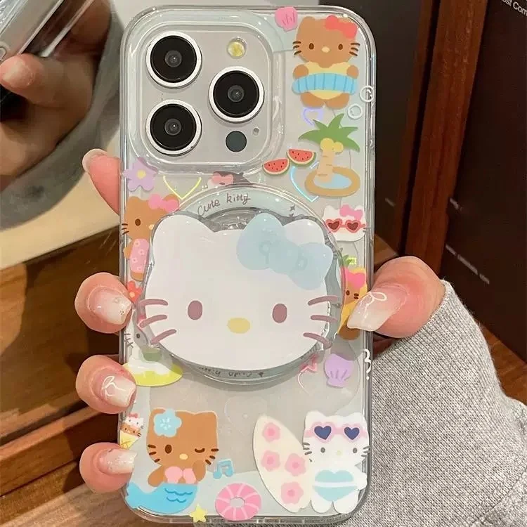 Cute Laser Heart Love Kitty Hello Mermaid Magsafe Wireless Charge Clear Case For iPhone 12 13 14 15 Pro Max KT Magnetic Stand