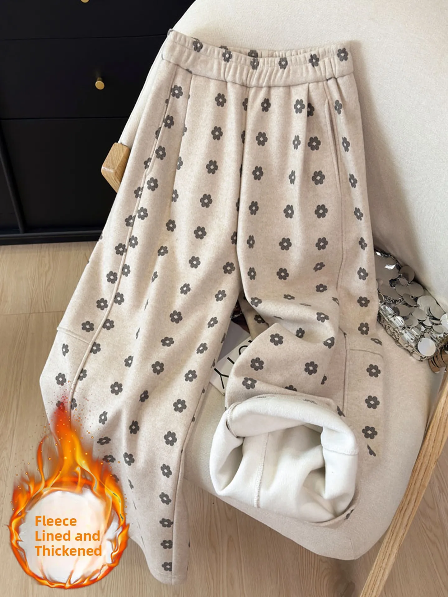 Damskie zimowe ocieplane spodnie z szerokimi nogawkami, haftowane kwiatami, z wysokim stanem, o prostym kroju, wyszczuplające, codzienne spodnie.