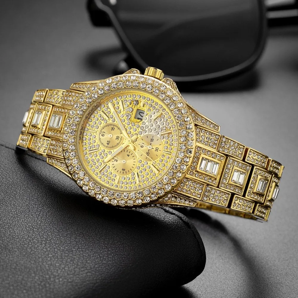 MISSFOX Luxury Gold Iced Out Watch For Men Full Quartz Wristwatch Hip Hop Bling Baguette Diamond Alloy Steel Band Waterproof Date Business Male Clock Fashion Jewelry Gift Reloj Hombre Masculino Watches