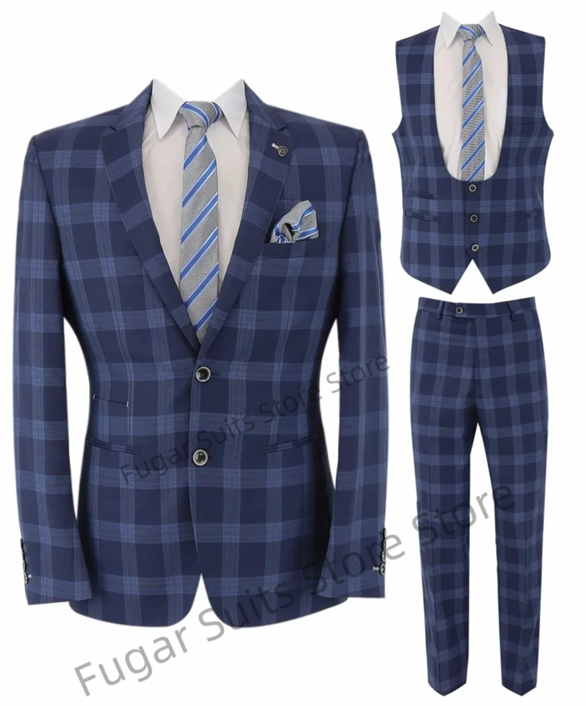 

2023 Spring Autumn New Fashion Plaid Men Suits Slim Fit Notched Lapel Groom Tuxedos 3 Pcs Set Business Male Blazer Costume Homme