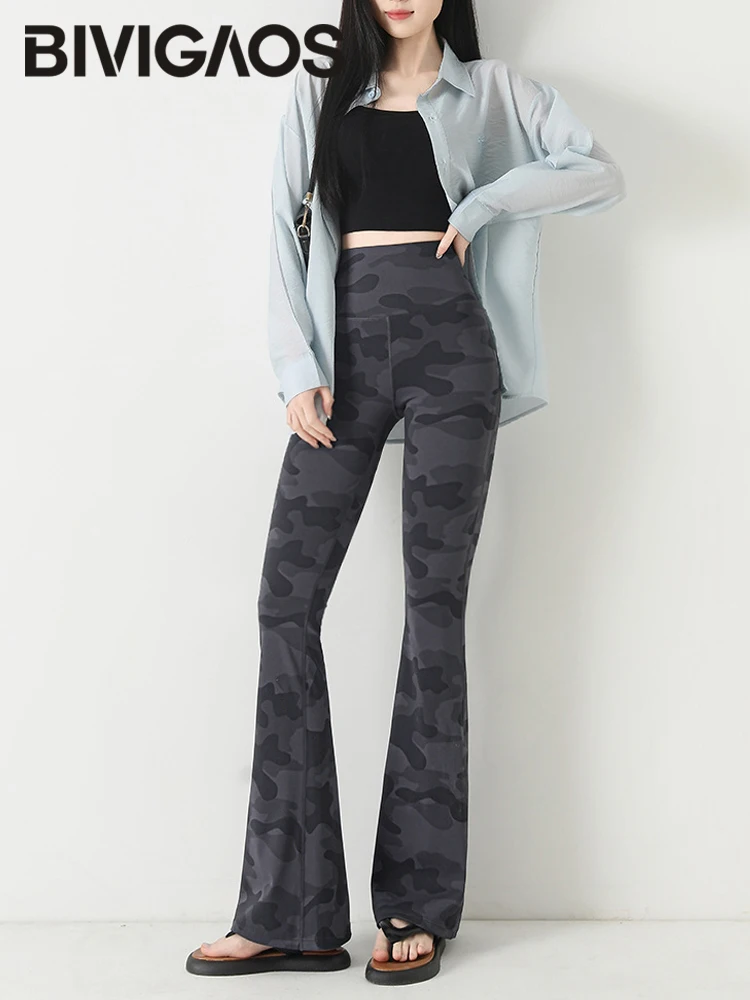 BIVIGAOS 2025 New Spring/Summer Thin Camouflage Sharkskin Flared Leggings Women Fashion Tight Slimming Sexy Elastic Flared Pants