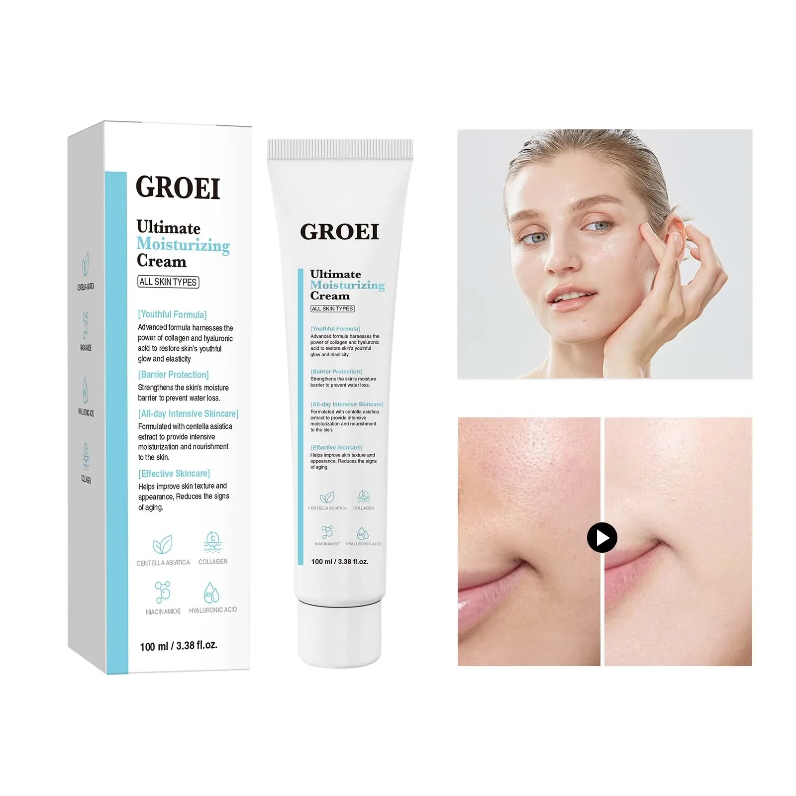 

Увлажняющий крем тройного действия: гиалуроновая кислота и центелла азиатская восстановление и увлажнение, коллаген повышает прочность и эластичность.