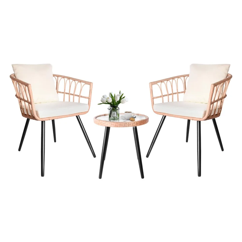 

3 Piece Patio Furniture Set Outdoor Wicker Bistro Rattan Chairs Conversation Set of 2 with Coffee Table, Customized