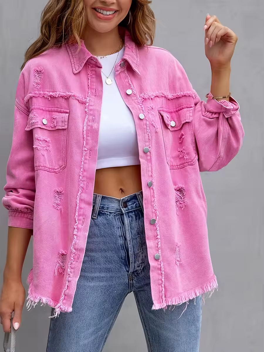 New Solid Colour Mid-length Hole Long-Sleeved Denim Jacket Denim Jacket Women