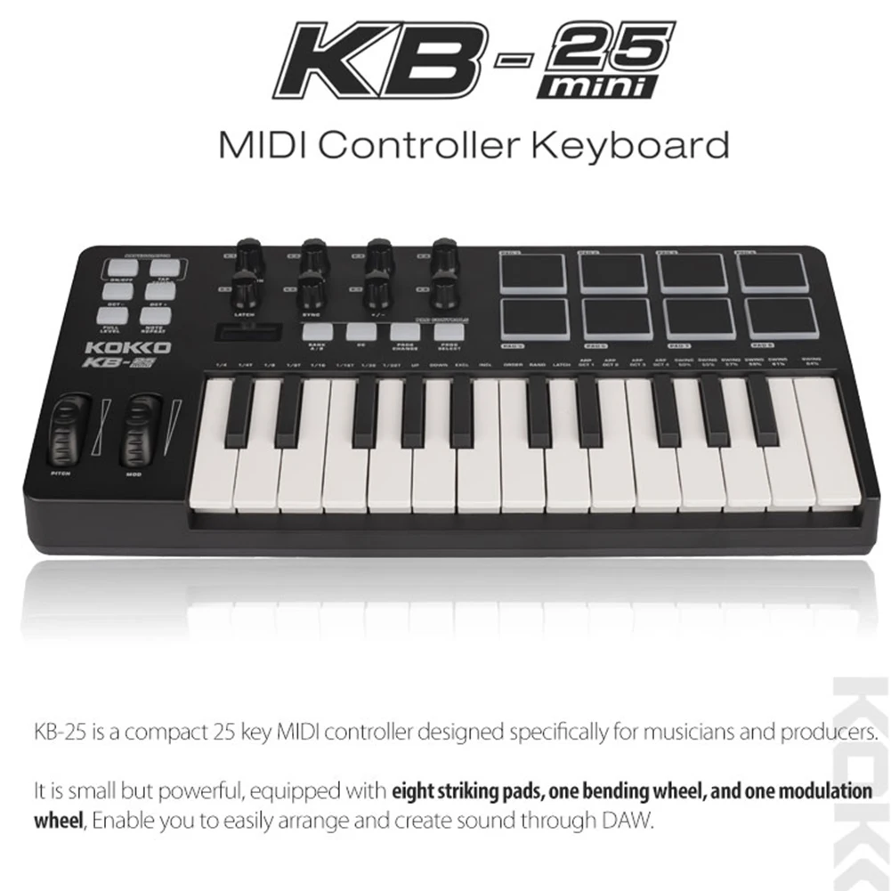 25-Key MIDI Control Keyboard with Velocity Sensitive Keys Mini USB Keyboard 8 Backlit Drum Pads 8 Knobs for Music Production