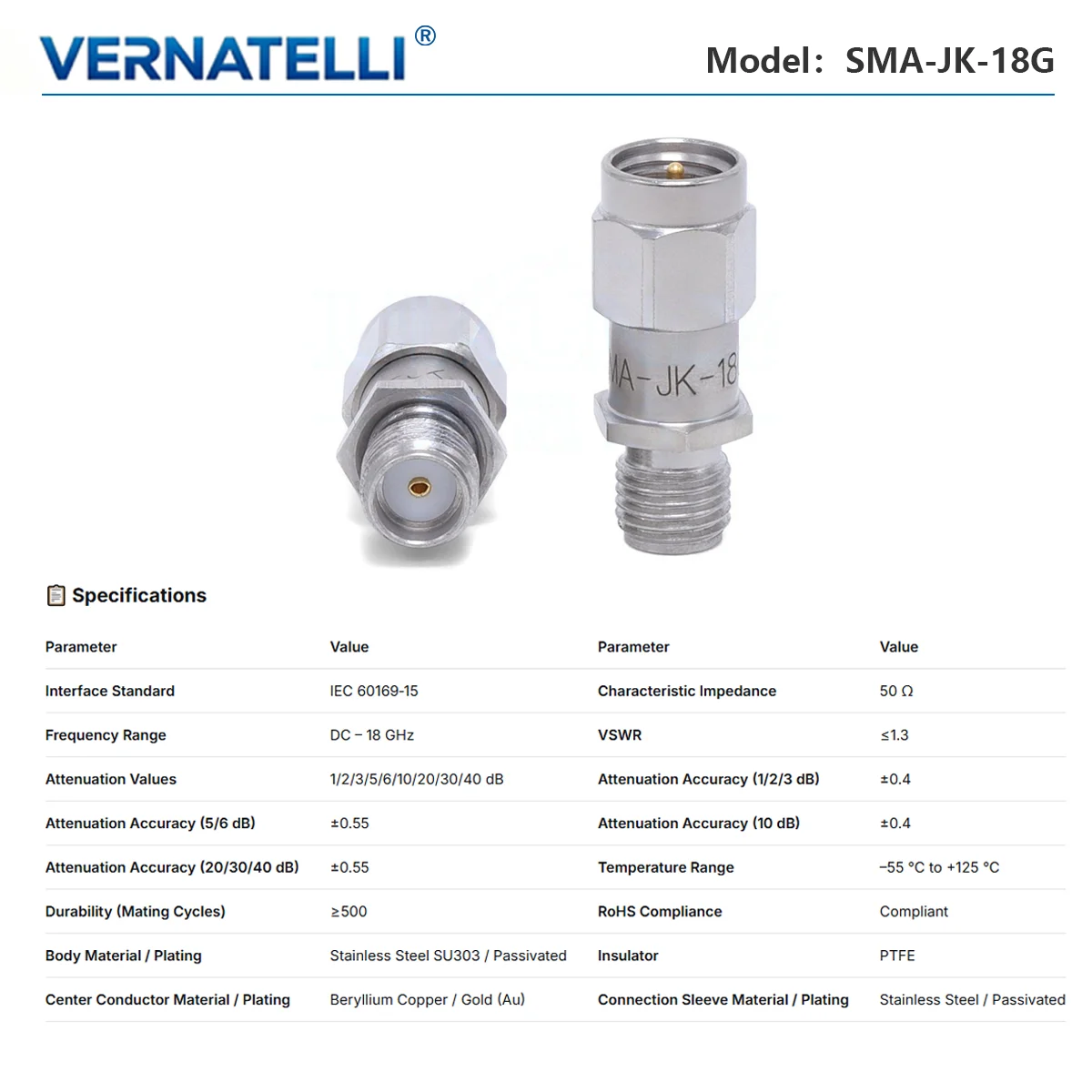 SMA Male to Female Fixed Attenuator, 2W, DC to 18 GHz, 1/2/3/5/6/10/20/30/40 dB Attenuation, Precision, Model SMA‑JK‑18G