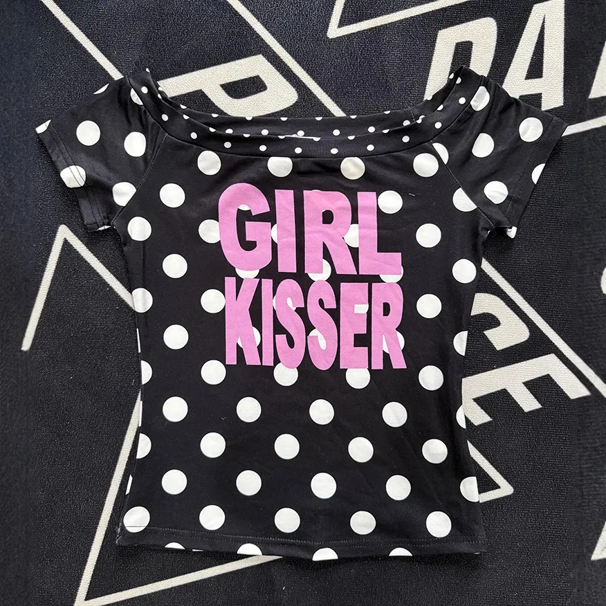 Y2K Retro Top Polka Dot Letter Print Off Shoulder Short Sleeve for American and European Women