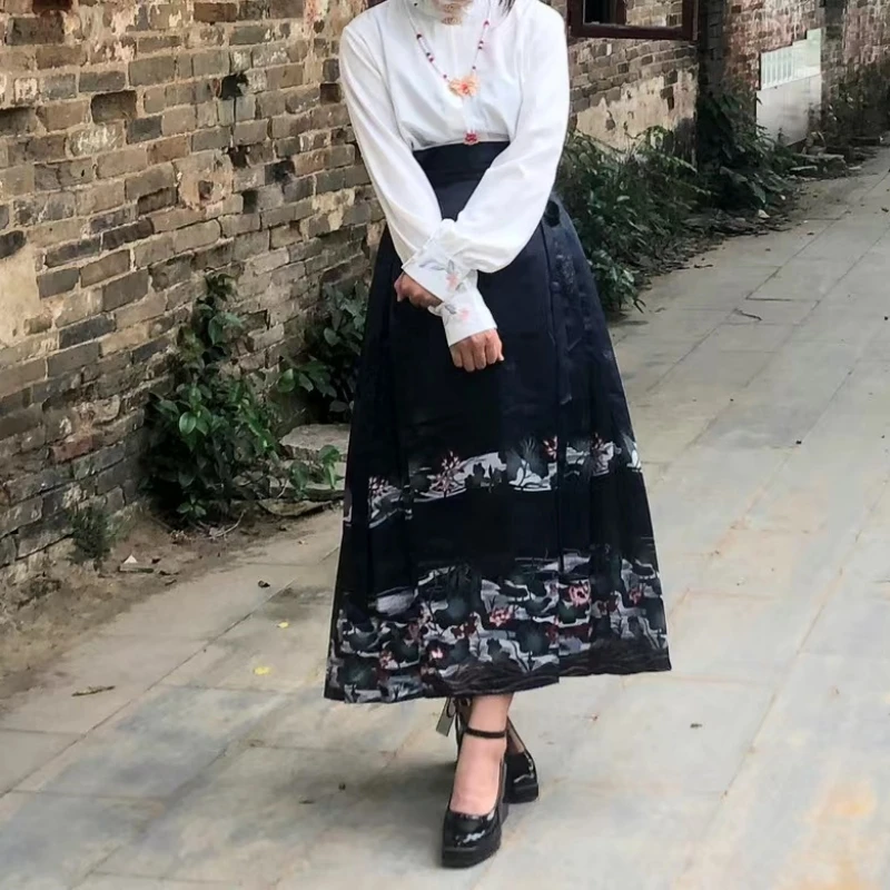 Women Original Ancient Chinese Traditional Hanfu Modern Ming Dynasty Weaving Horse Face Pleats Skirt Elegant Party Dance Costume