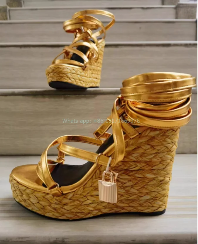 

Gold Weave Wedges Platform Padlock Sandals High Heel Design Luxury Slingback Strappy Sandals Fashion Women Knit Shoes Dress