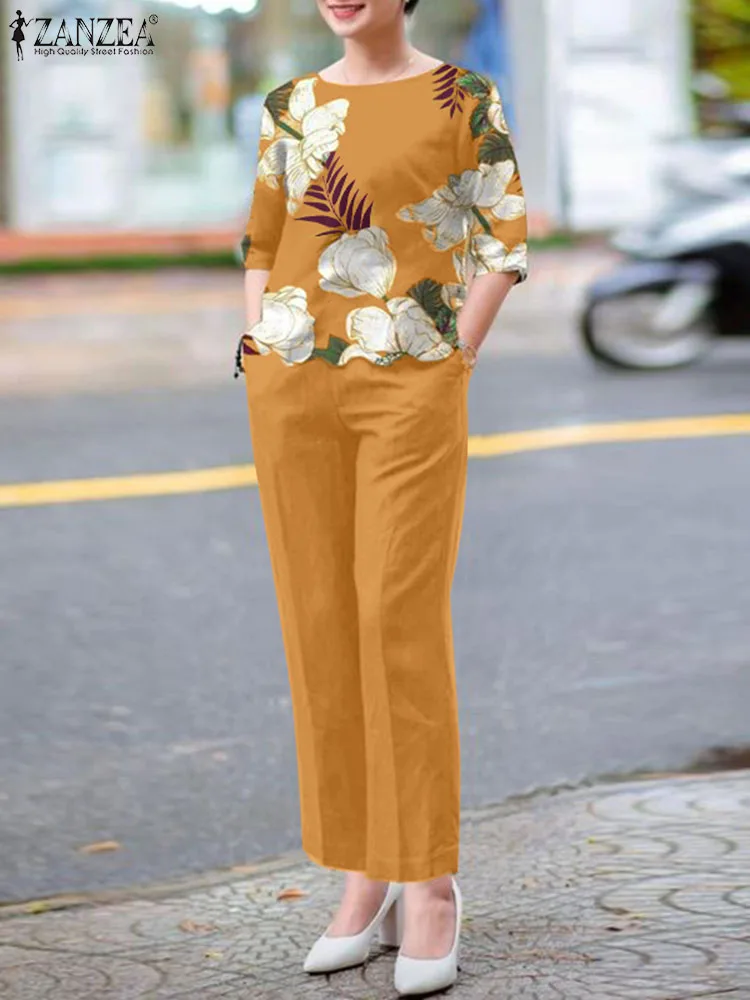 Fashion Summer OL Work Pant Sets ZANZEA 2pcs Women Outfits Vintage Short Sleeve Floral Blouse Trousers Suits Tracksuits