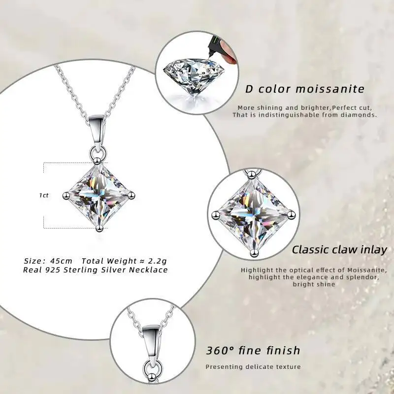 JoiasHome 1CT Princess Cut Moissanit-Halskette S925 Sterling Silber Funkelnder Anhänger für Frauen Luxus-Edelschmuck – Detail 2