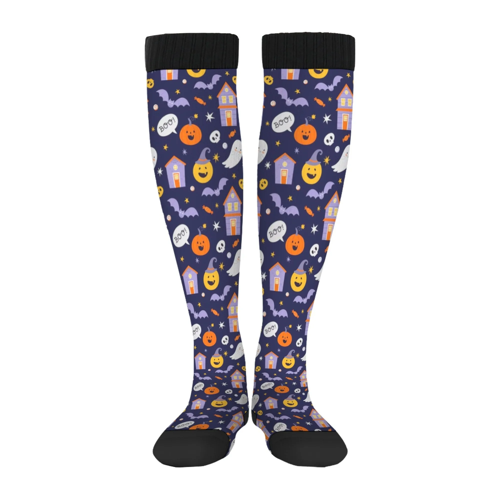 Halloween Fun Cute Cartoon Knee-High Socks Pumpkin Ghost Bat & Haunted House Patterns Dark Blue Palette Spooky Cute Vibe