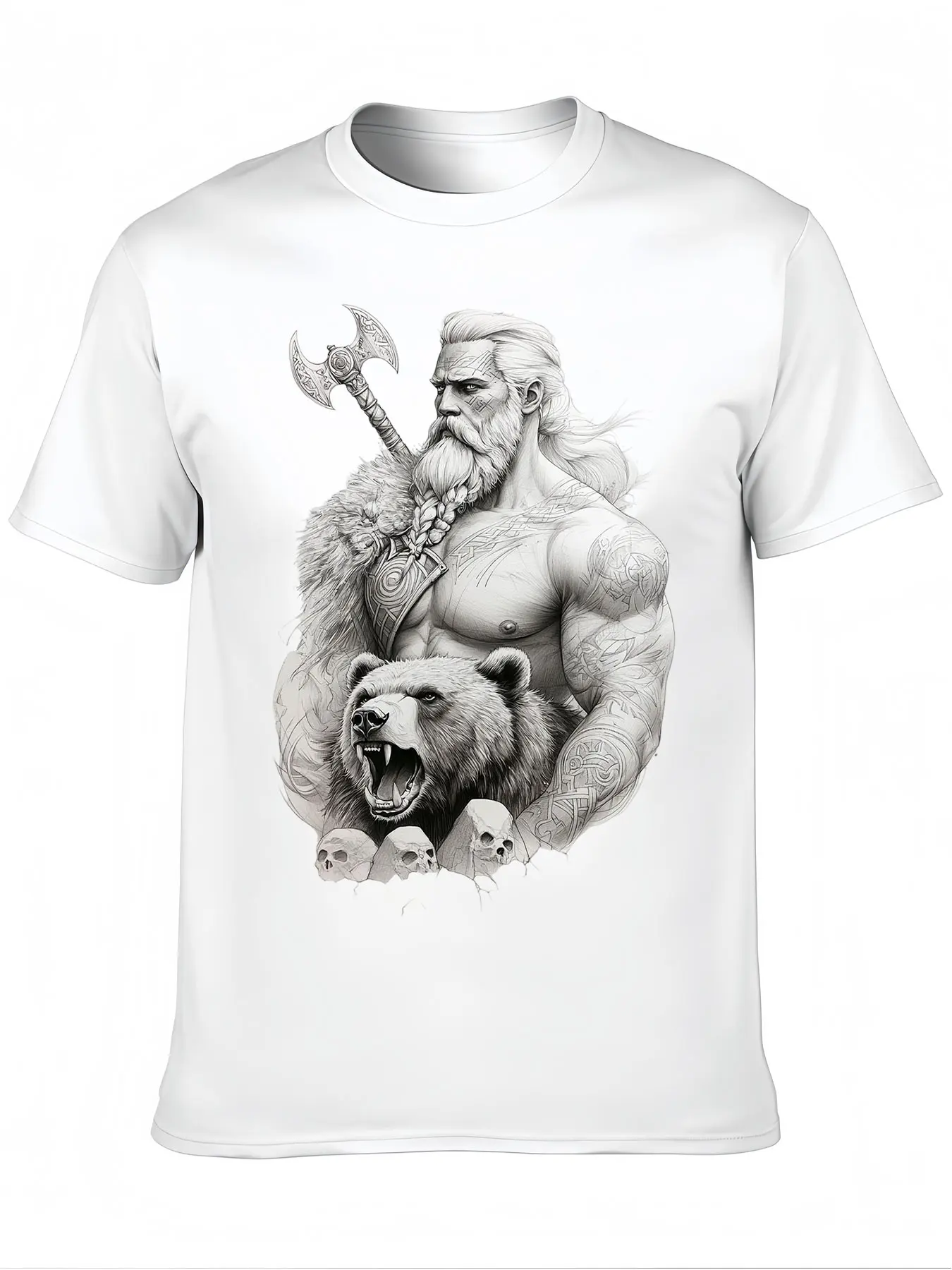 Premium Knit Cotton Men's Crew Neck Tee With Geometric Bear Design Birthday Gift Machine Washable Knit Fabric Outdoor Comfort Fo