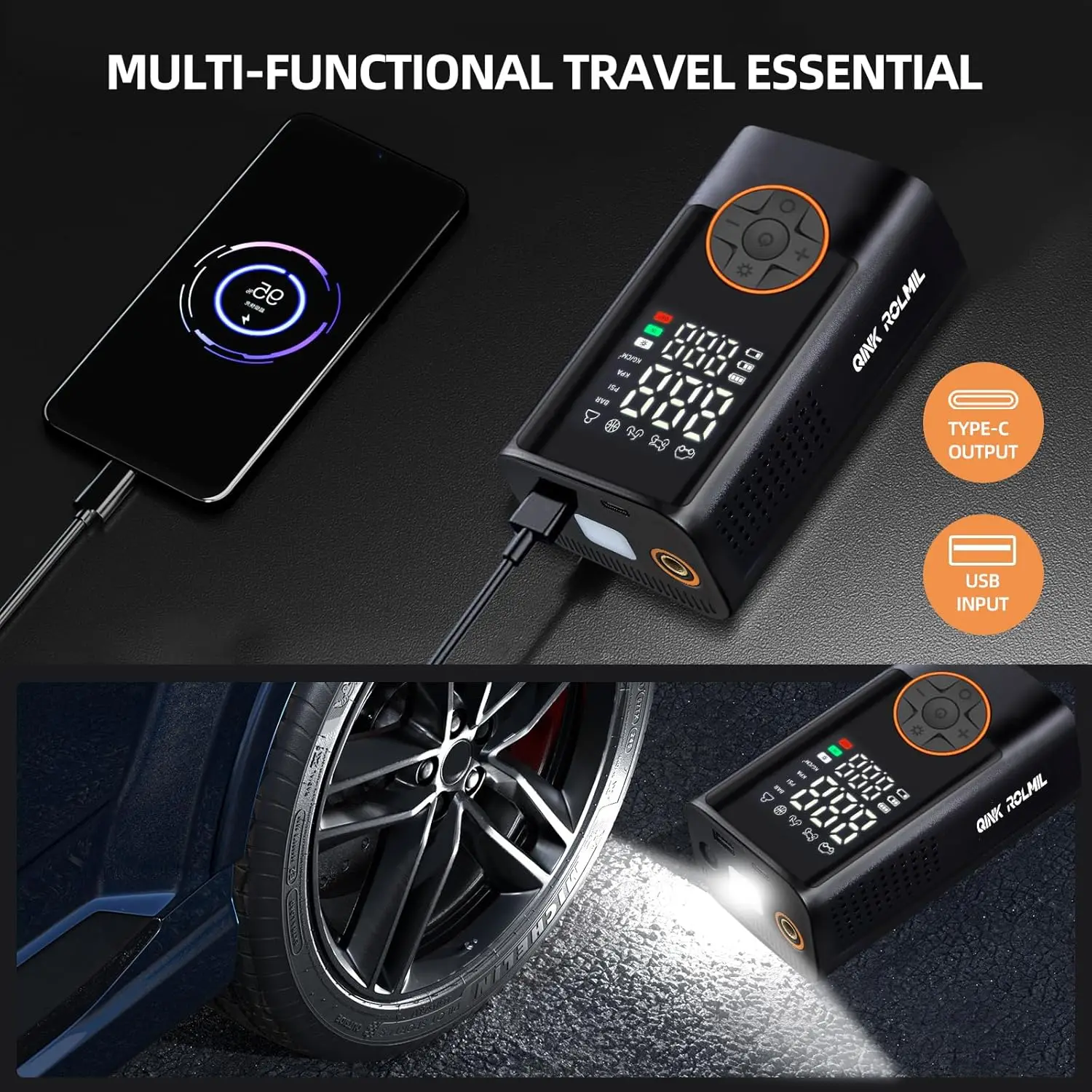 Portable Tire Inflator, 150 PSI Cordless Air Pump with Digital Display & LED Light for Cars, Motorcycles, Bikes, Balls