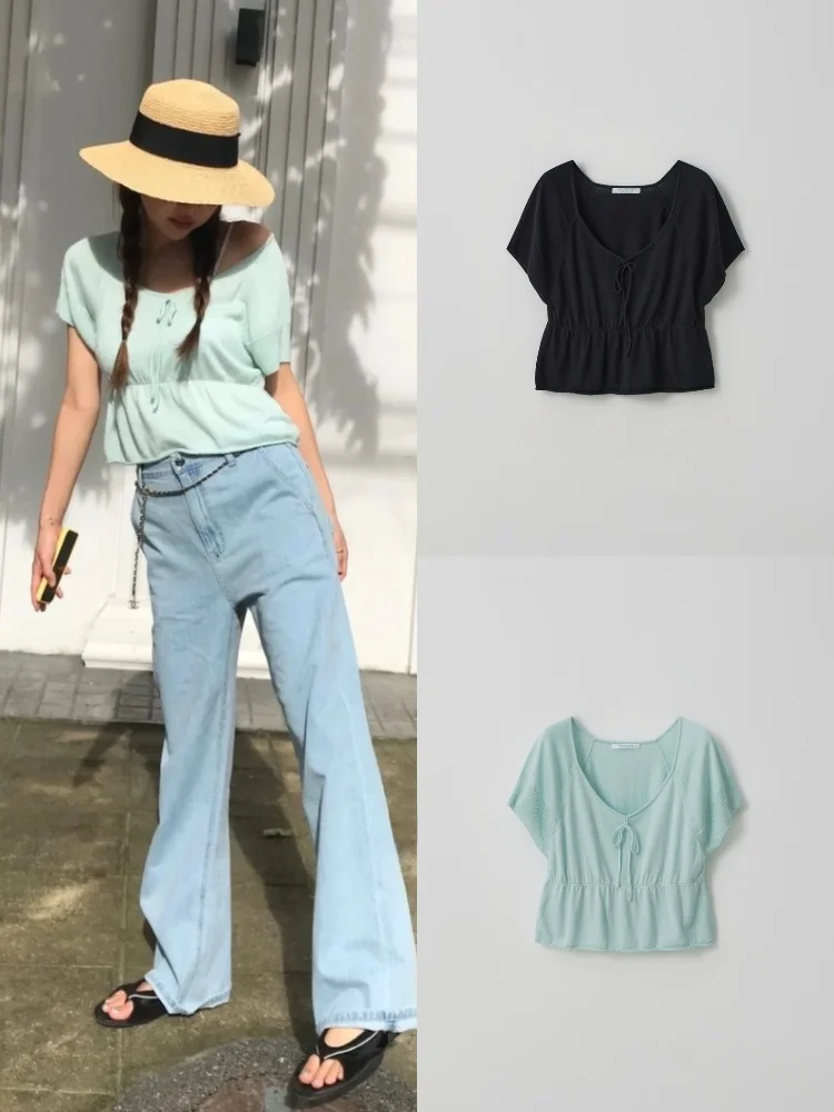 

Свободный женский вязаный топ с v-образным вырезом и поясом, летний ор Све, дышащий, повседневный, модный, офисный, обычный крой, чистый цвет