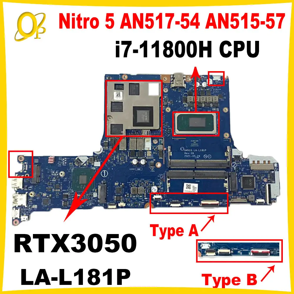 

GH51G LA-L181P Mainboard for Acer Nitro 5 AN517-54 AN515-57 Laptop Mainboard i7-11800H CPU RTX3050 GPU DDR4 Fully tested