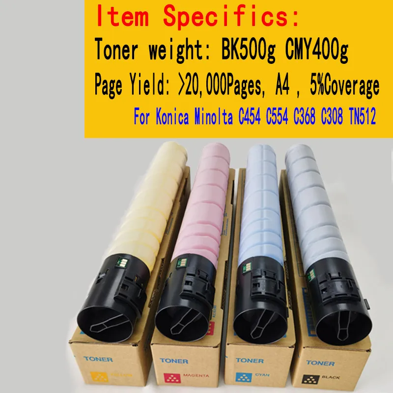 

4PCS/Set TN512 BK500g CMY400g Toner Cartridge For Konica Minolta C 454 554 368 308 C454 C554 C368 C308 TN-512 Toner Powder