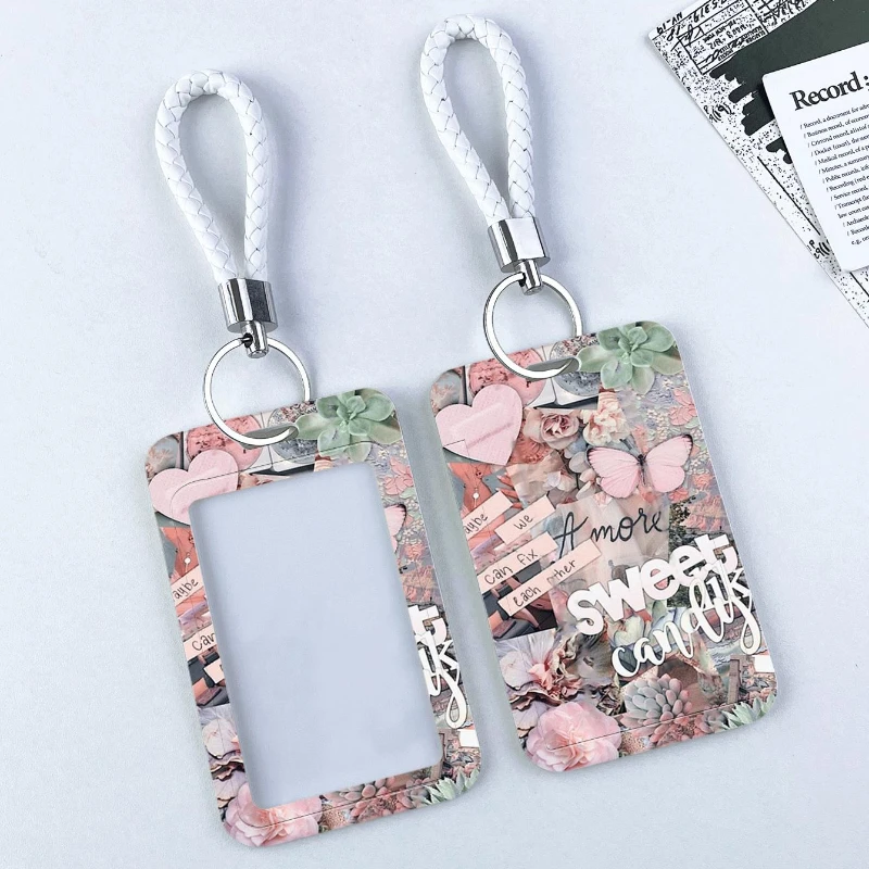 Pink Butterfly Succulent Student Campus Lanyard Cards Holder Colorful Card Storage Photo Bag Bank Business Work Card Holder