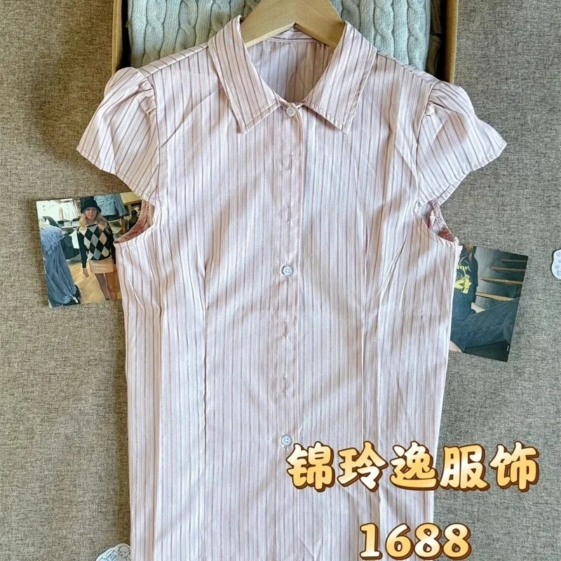 Pink Striped Blouse Tops Women Simple Silver Line Slim Short Sleeve Buttons T-shirts Female Sweet Cute Preppy Style Tshirt Y2K view 3