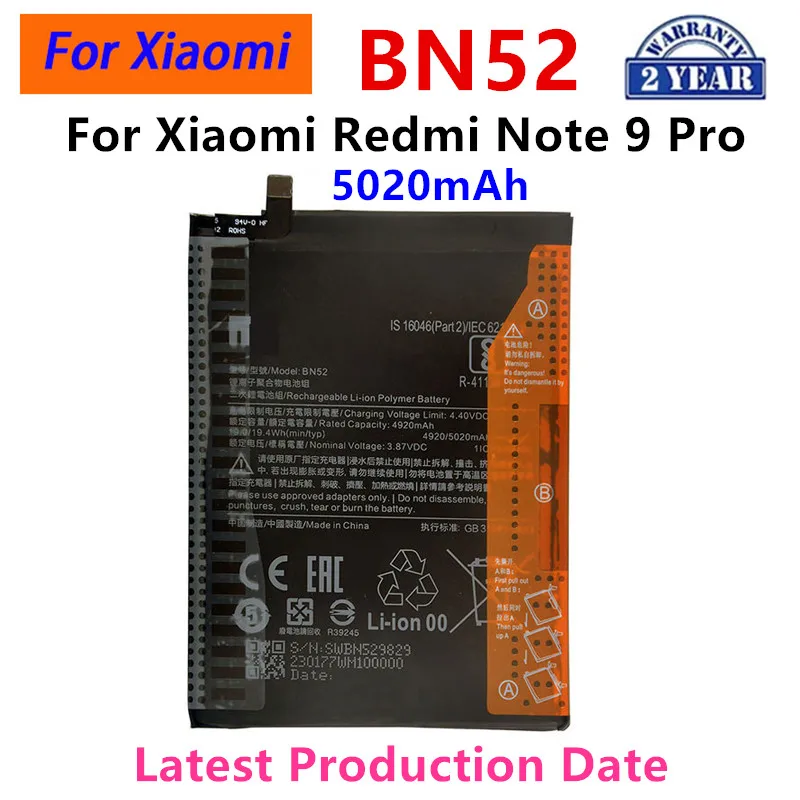 

2024 years Brand New BN52 5020mAh Battery For Xiaomi Redmi Note 9 Pro Phone Replacement Batteries