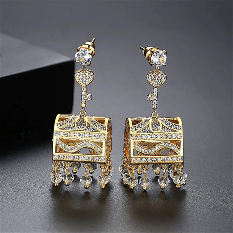 Vintage Gold Color Crystal Earrings for Women Ethnic India Jewelry Boho Bollywood Tassel Drop Dangle Jhumka Bridal Wedding Party