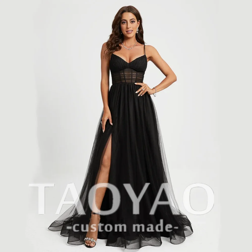 

Princess V-Neck Sweep Train Tulle Prom Dresses With Pleated Prom Dress Customized Party Backless Floor Length Robe De Soriee