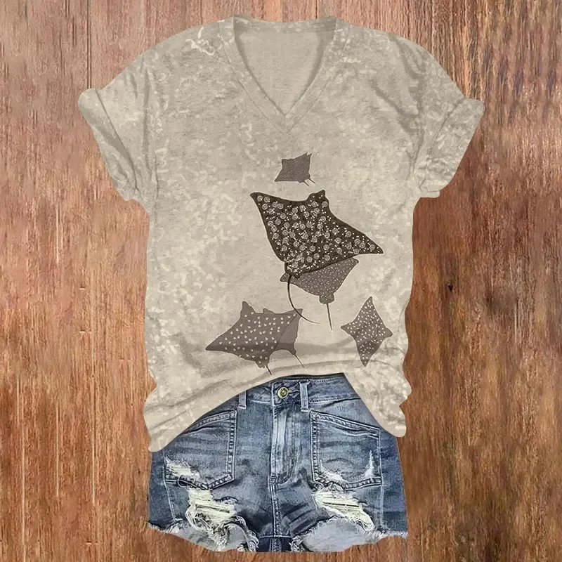 Vintage Crab Swarm Art Print V-neck T-shirt Summer Women's T Shirts view 4