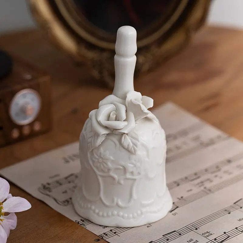 White Rose Carved Ceramic Dinner Bell Wedding Hotel Home Decoration Bell Stress Relief Anniversary Ornament