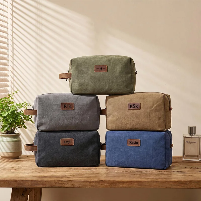 Personalized Canvas Dopp Kit for Men Custom Leather Patch Toiletry Bag Monogram Travel Bag Groomsmen Gift Custom Name Wash Bag