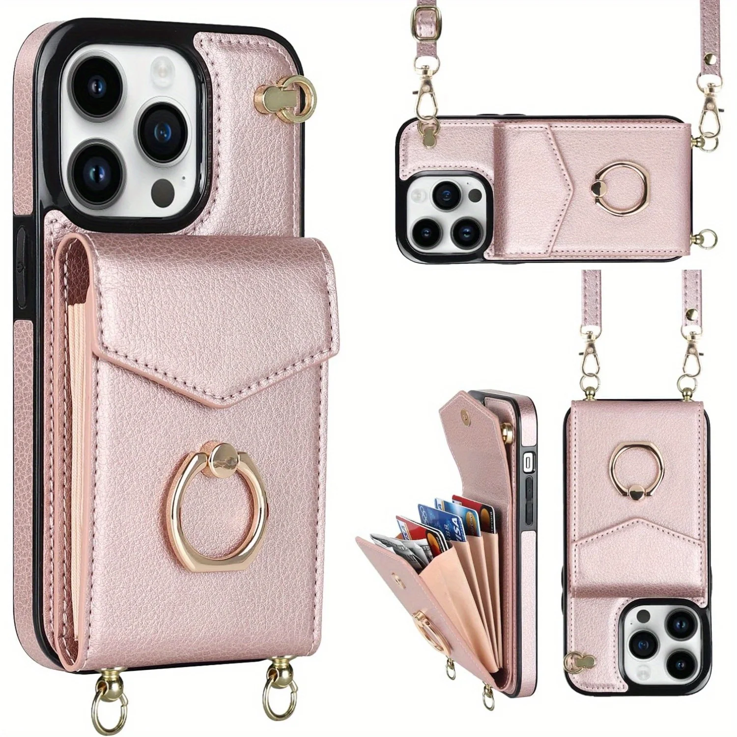 For  15/15Pro/15Plus/15Promax, Minimalist Wallet Case with Ring Kickstand and Shoulder Strap, Shockproof Stylish Protective Cove