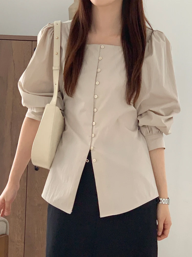 Stylish Square Collar Long Sleeve Women Shirts Lace-Up Blouse Fashion Single-Breasted Button Down Korean Fashion Casual Tops