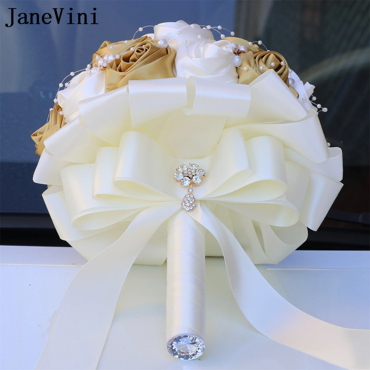 Janevini Luxus Gold und Elfenbein Hochzeits strauß mit Perlen Perlen Satin Rosen Braut blumenstrauß Fleur Exotique de Mariage