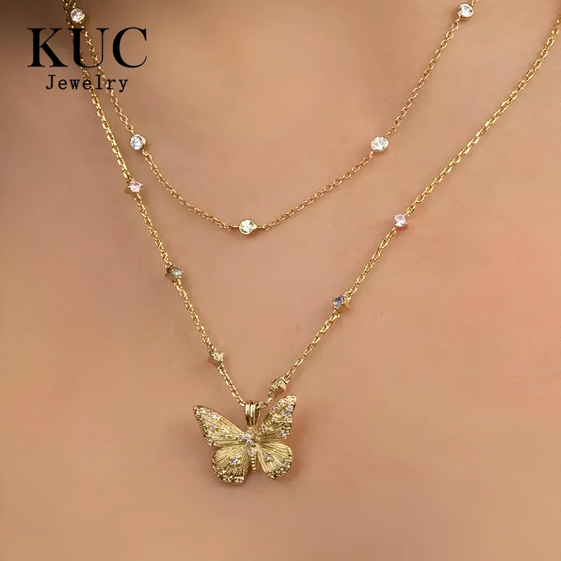 

925 Sterling Silver Vintage Fashion Fine Jewelry Custom Chain Colored Zircon Butterfly Pendant Necklaces for Women