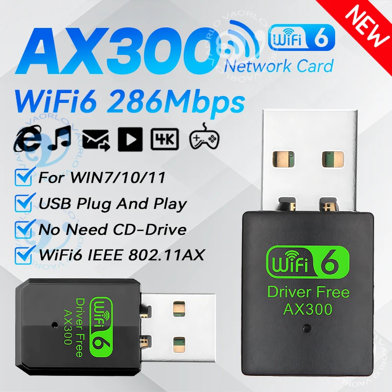 

Беспроводной мини-USB Wi-Fi адаптер WIFI6 AX300 802.11AX Сетевая карта 2,4 ГГц Dongle Receiver 286M для ПК/ноутбука Win7/10/11 Drive Free