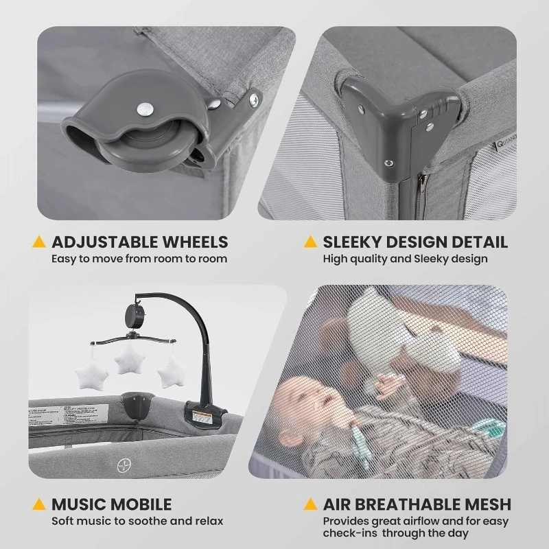 Tempat Tidur Bayi 2-in-1, Playard dan Bassinet, Ranjang Lipat Portabel Mudah dengan Musik Mobile untuk Bayi Baru Lahir hingga Balita (Abu-abu)