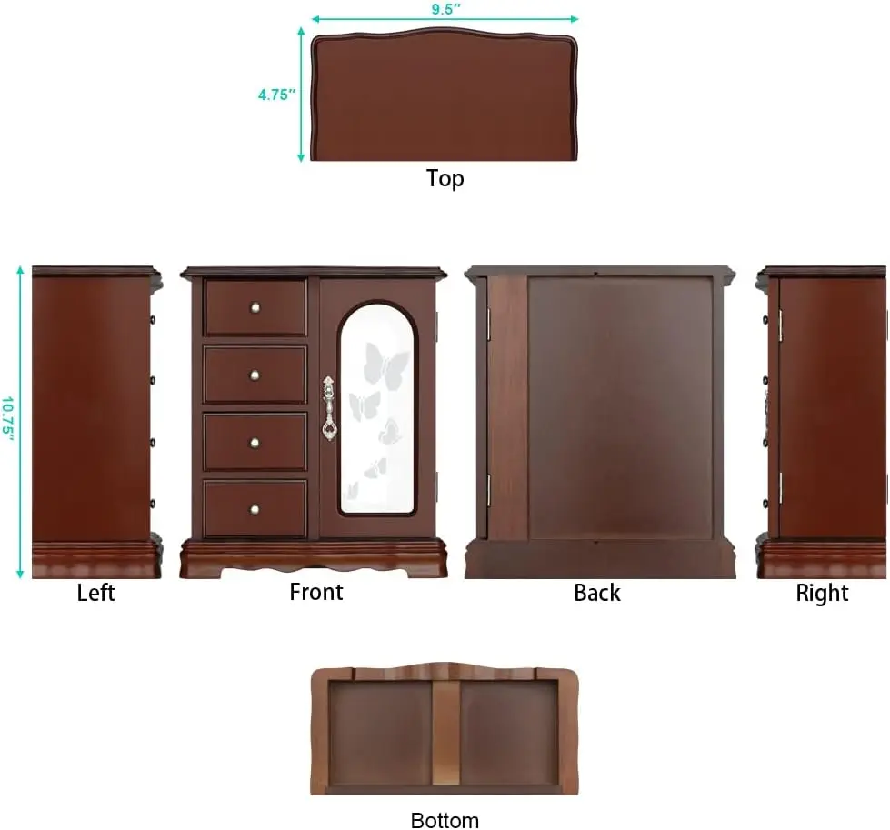 Joyero de madera maciza con 4 cajones, carrusel de collar incorporado, espejo grande - Organizador marrón