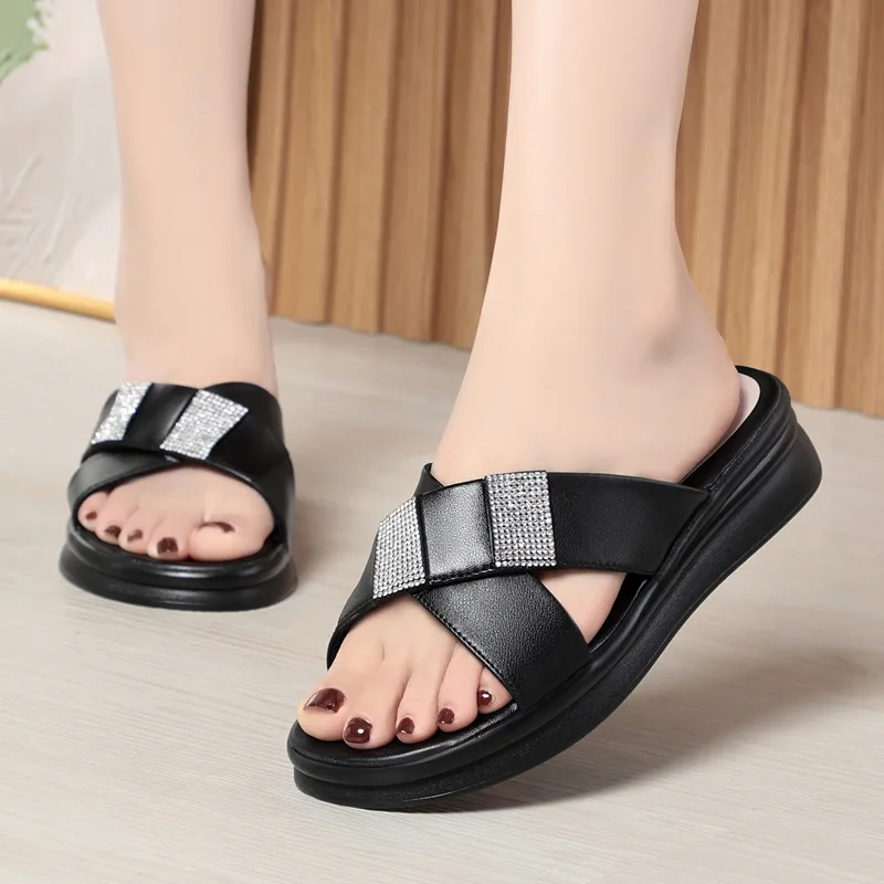 AIYUQI Women\'s Slippers Summer 2026 New Genuine Leather Women\'s Slippers Wedge Large Size 41 42 43 Slippers Ladies
